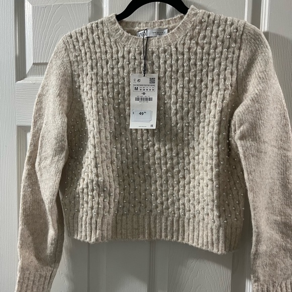 Zara Sweaters - Zara Beige Sweater with Pearls